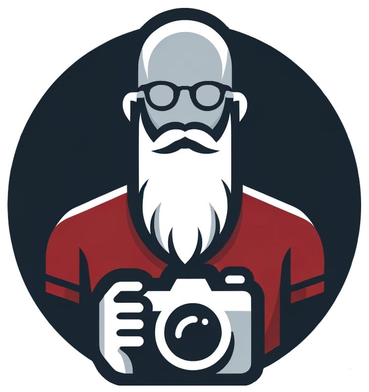 Site logo - basic illustration of a bald man with long white beard holding a camera.
